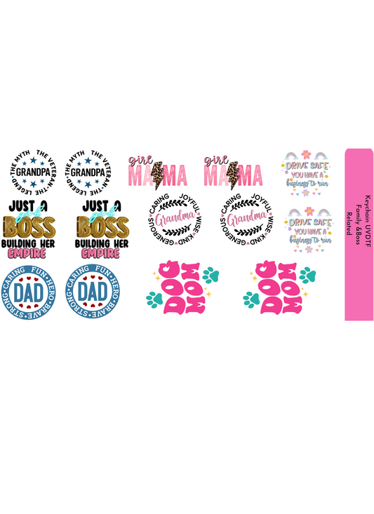 Keychain (MOTEL & 2' Round )  theme: Boss & Family :SOLD BY THE SHEET  -Double Sided UVDTf