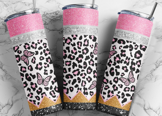 Leopard Glitter Teacher Tumbler, Butterflies   20oz Skinny Tumbler Sublimation