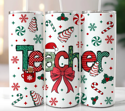 Coquette Teacher Christmas -20oz Skinny Tumbler Sublimation