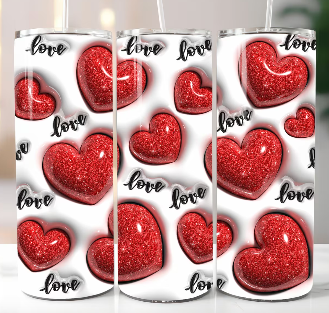 3D Red Glitter Love Hearts Inflated -20oz Skinny Tumbler