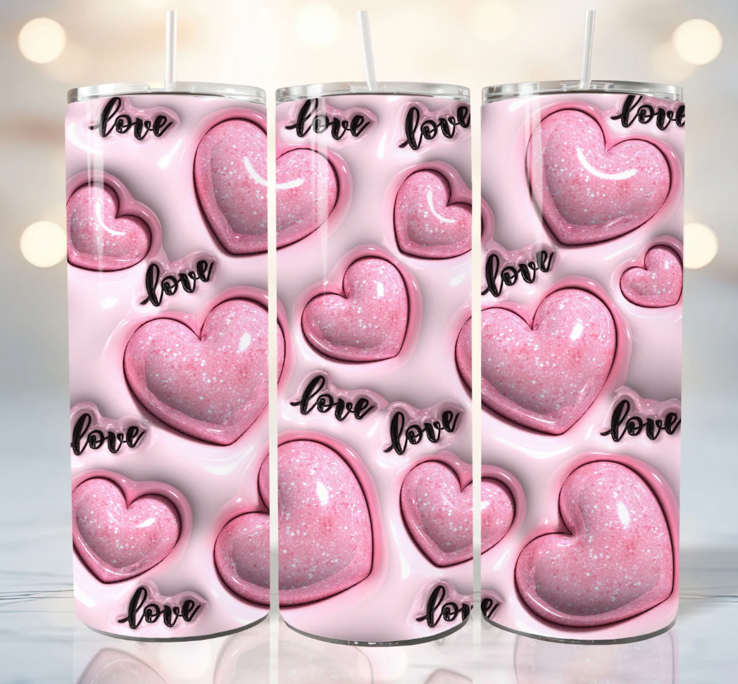 3D Pink Glitter Love Hearts Inflated -20oz Skinny Tumbler