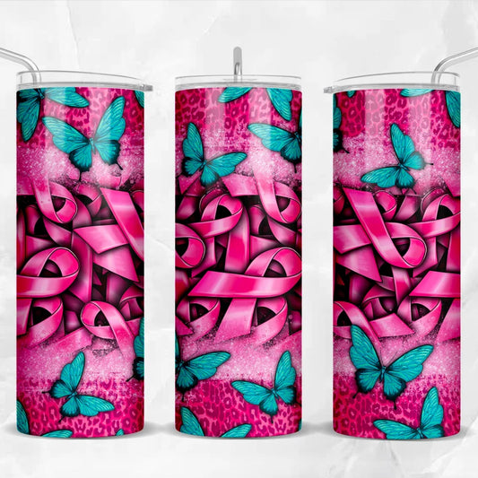 Leopard Butterflies Blue-Breast Cancer theme -20oz Skinny Tumbler